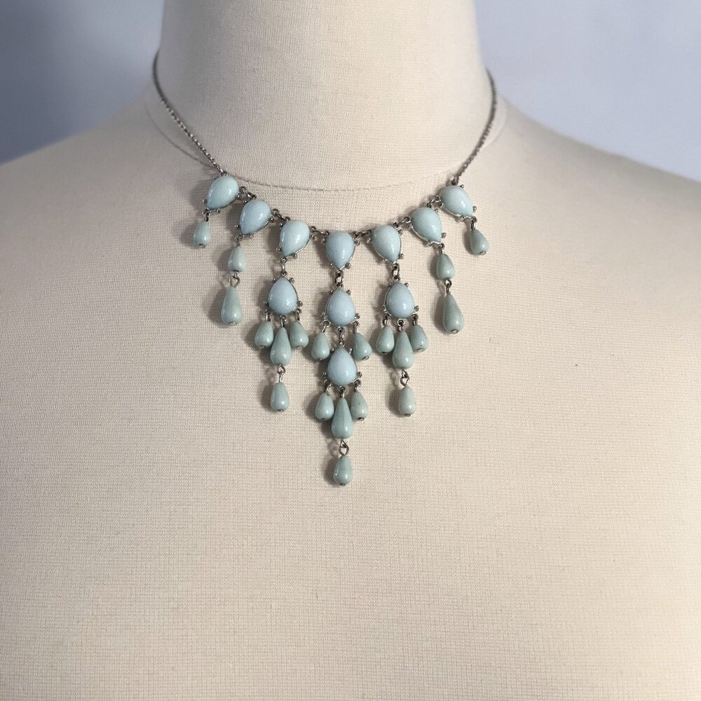 Vintage Waterfall Aquamarine Beaded Collar Necklace 18” +3 Extender